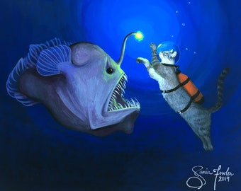 May include: A digital painting of a cat wearing a diving helmet and a life vest, swimming away from a large, black anglerfish with a glowing lure. The background is a dark blue.