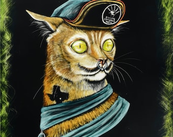 May include: A painting of a cat wearing a blue baseball cap with a "Social Cycling" logo, a blue scarf, and a nose ring. The cat has yellow eyes and a black tattoo on its shoulder. The background is black with a green border.