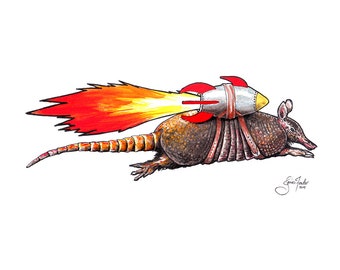 May include: A cartoon armadillo wearing a rocket strapped to its back, flying through the air with a trail of fire behind it.