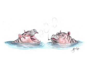 May include: Two hippos are swimming in a blue body of water. One hippo is smoking a cigarette and blowing smoke rings. The other hippo is looking at the smoking hippo with its mouth open.