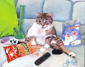 May include: A painting of a tabby cat lounging on a light blue couch, surrounded by snacks and a green bong. A bag of Cheetos, a bag of donuts, a lighter, and a remote control are also present. The cat is the central focus of the artwork.