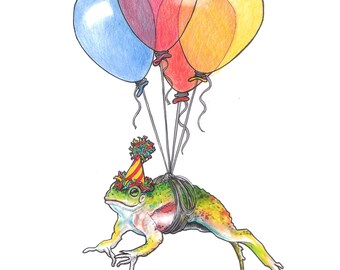 May include: A green frog wearing a colorful party hat is tied to three balloons: red, yellow, and blue. The frog is flying through the air.