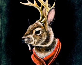 May include: A brown rabbit with a red scarf and antlers, smoking a cigarette against a dark green background.