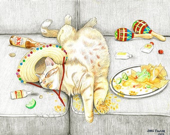 May include: A pencil drawing of a cat wearing a sombrero, lying on a couch next to a plate of nachos, maracas, and bottles of beer and tequila. The cat is light orange with a red ribbon on the sombrero.