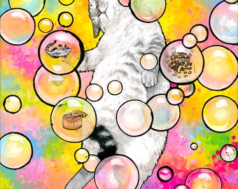 May include: A white cat with black markings floats in a dreamlike world of colorful bubbles. The cat is surrounded by bubbles of various sizes, some containing images of a mouse, a can of cat food, and other cats. The background is a vibrant mix of pink, yellow, and blue.