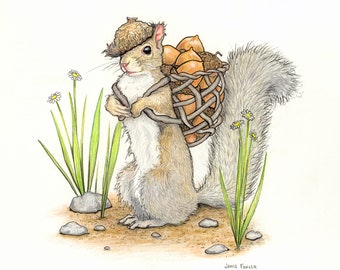 May include: A watercolor illustration of a gray squirrel wearing a cap made of acorns and carrying a basket full of acorns on its back. The squirrel is standing on a path with green grass and white flowers.