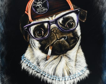 May include: A pug wearing a backwards orange baseball cap with a black patch that says "SOCIAL CYCLING AUSTIN" and purple-rimmed glasses. The pug is also wearing a blue and white chain necklace and has a cigarette in its mouth.