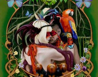 May include: A painting of a couple embracing in a lush jungle setting. The woman wears a feathered headdress and a blindfold, while the man has a feathered headdress and a tribal-inspired necklace. A red and yellow macaw perches on the man's shoulder, and a green snake is coiled in the background. The couple is surrounded by vibrant flowers and foliage.