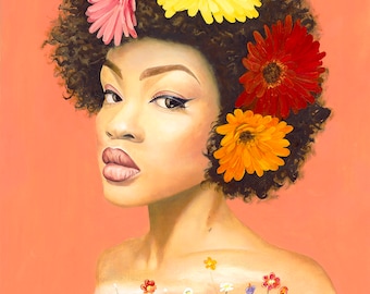 May include: A painting of a woman with dark curly hair wearing a crown of colorful flowers. The flowers are yellow, red, orange, and pink. The woman's skin is brown and she has a soft, dreamy expression. The background is a light peach color.