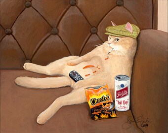 May include: A relaxed orange tabby cat wearing a green plaid cap, lounging on a brown tufted sofa. The cat holds a remote control and is surrounded by a bag of Cheetos and a Schlitz Tall Boy beer can.