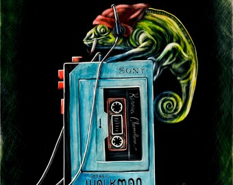 May include: A green chameleon wearing a red hat and headphones is perched on top of a blue Sony Walkman cassette player. The Walkman has a cassette tape inside with the text "Kevine Chameleon" written on it.