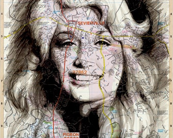 May include: A black and white portrait of a woman with blonde hair. The woman's face is superimposed over a map of Sevierville and Pigeon Forge, Tennessee. The map shows the locations of various points of interest, including the Sevierville Golf Club, the Pigeon Forge Community Center, and the Great Smoky Mountains National Park. The map also includes the zip codes for these locations.