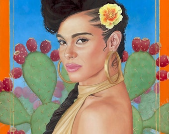 May include: A painting of a woman with dark hair styled in a high ponytail with a yellow flower in her hair. She is wearing a gold halter top and large gold hoop earrings. The background is a blue sky with a cactus plant with red fruit.