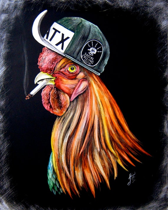 rooster smoking a cigarette Eastside Art Print: Austin Texas Hipster Rooster Rooster Smoking Cigarette Vintage Print