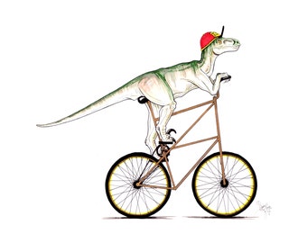 May include: Illustration of a green and white dinosaur riding a brown bicycle with yellow-lined wheels. The dinosaur wears a red cap and appears to be pedaling. The artwork is set against a white background.