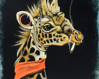 May include: A painting of a giraffe with a mohawk and a cigarette hanging from its mouth. The giraffe is wearing a red scarf and has a nose ring. The background is black.