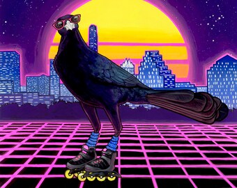Outrun Grackle 8x8 Art Print - Retro Roller Skating Bird