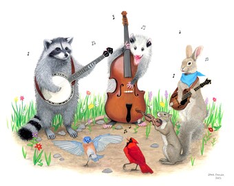May include: A raccoon plays a banjo, a possum plays a double bass, a rabbit plays a mandolin, and a squirrel plays a violin. A bluebird and a cardinal sing along. The animals are surrounded by flowers and grass.