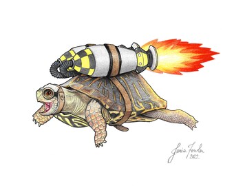 May include: A cartoon illustration of a turtle wearing goggles and a jetpack, flying through the air with a trail of fire behind it.