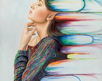May include: A painting of a woman with long, colorful hair that appears to be flowing away from her head. The woman is wearing a dark sweater and has a thoughtful expression on her face.