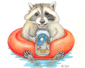 May include: A raccoon wearing a red inner tube and holding a blue can of "Trash Can Ale" with a moon and trash cans on the label. The raccoon is smiling and floating in blue water.