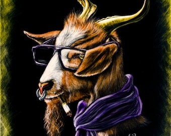 May include: A brown and white goat with a purple scarf and gold horns wears glasses and a nose ring. The goat is smoking a cigarette and has a serious expression on its face.