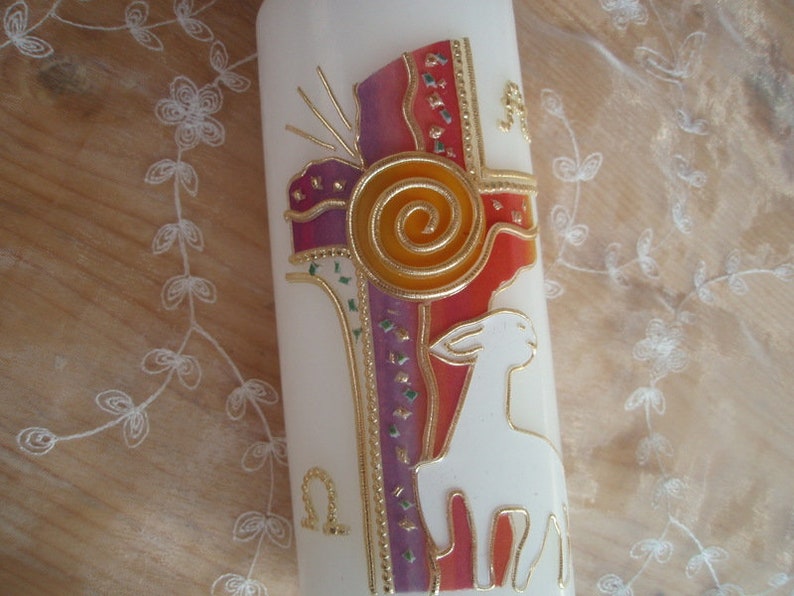 Beautiful table candle in rainbow colours with lamb image 3