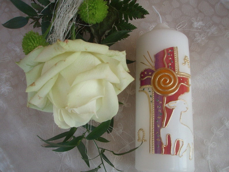 Beautiful table candle in rainbow colours with lamb image 2