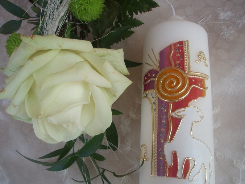 Beautiful table candle in rainbow colours with lamb image 1