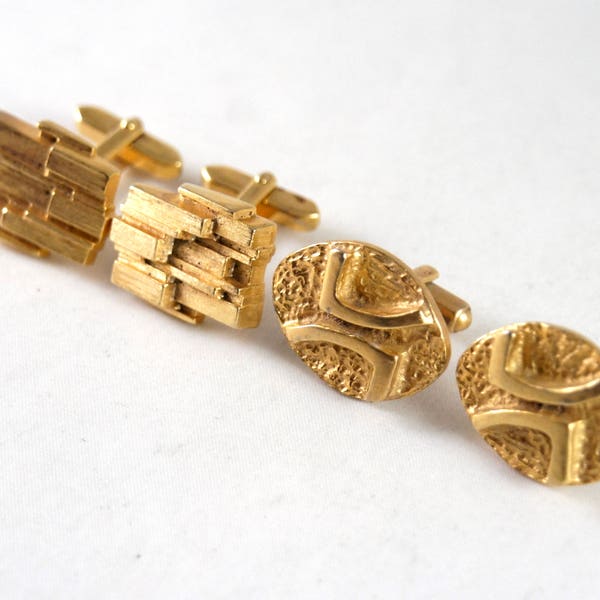 Brutalist Cufflinks - Carved Textural - Gold Plated - Modernist - 1970's