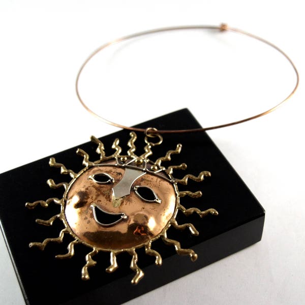 Large Artisan Sun Necklace - Copper Brass - Brutalist Modernist - Boyd Kepenyes Style - Mid Century Modern - 1970's