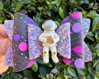 Sparkly Astronaut Hair Bow – Space Birthday Party, Vegan Leather Planets, Girls Gift