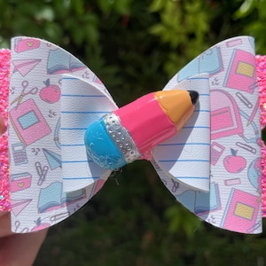 Pink Pencil Hair Bow, School Hair Clip, First Day of School Hair Accessory, Pink School Bow, Kindergarten hair bow, pre-k hair clip