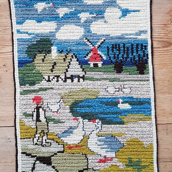 Lovely Nils Holgersson twist stitch wool embroidered/needle point wall hanging/wall tapestry / folk art from Sweden