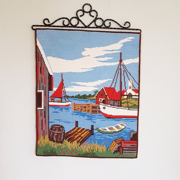 Lovely twist stitch wool embroidered/needle point boat motive wall hanging/wall tapestry from Sweden