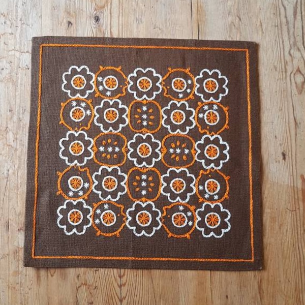 Beautiful embroidered brown  tablecoth in linen from Sweden