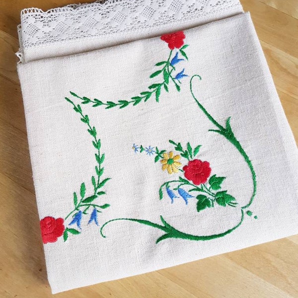 Beautiful embroidered floral rural tablecloth / 42" x 42" in linen from Sweden