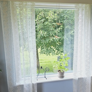 Stunning retro beige/offwhite colored  2 sheer checkered synthetic soft curtains in linen style from Sweden