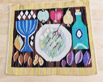 Tapisserie Velours Vintage Italie, Motif Paon, Bleue, Style Mid-Century Modern