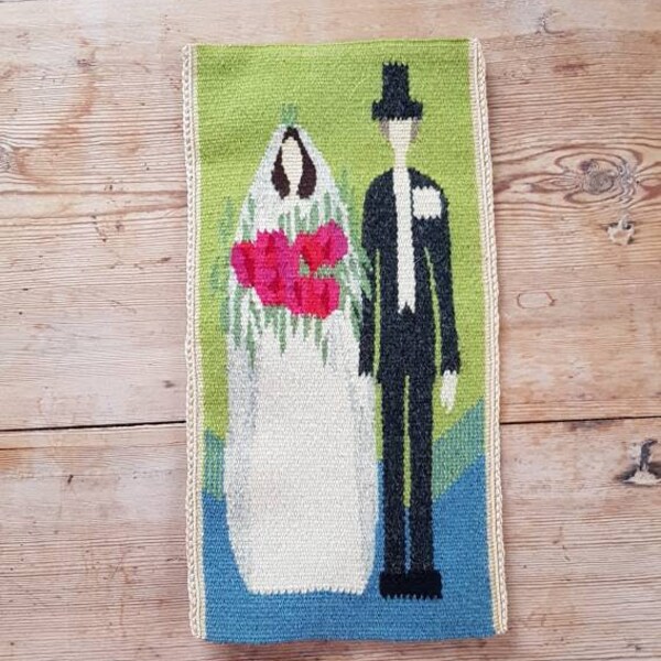 Beautiful handwoven wall tapestry with bridal couple from Sweden