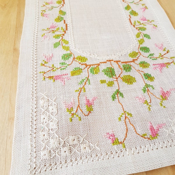 Beautiful floral/Linnea cross stitch embroidered  tablerunner/tablecloth in offwhite linen from Sweden