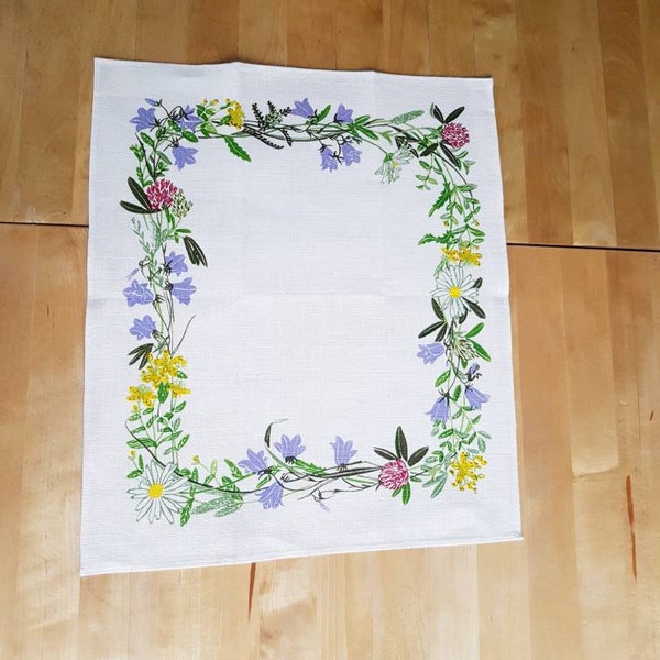 Handprinted tablecloth with summer flowers in linen from Sweden