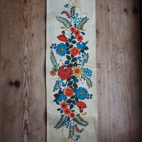 Printed floral walhanger from 1970  with flowers in jutecloth/burlap from Sweden
