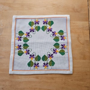 Lovely floral / violet cross stitch embroidered  tablecloth in linen from Sweden