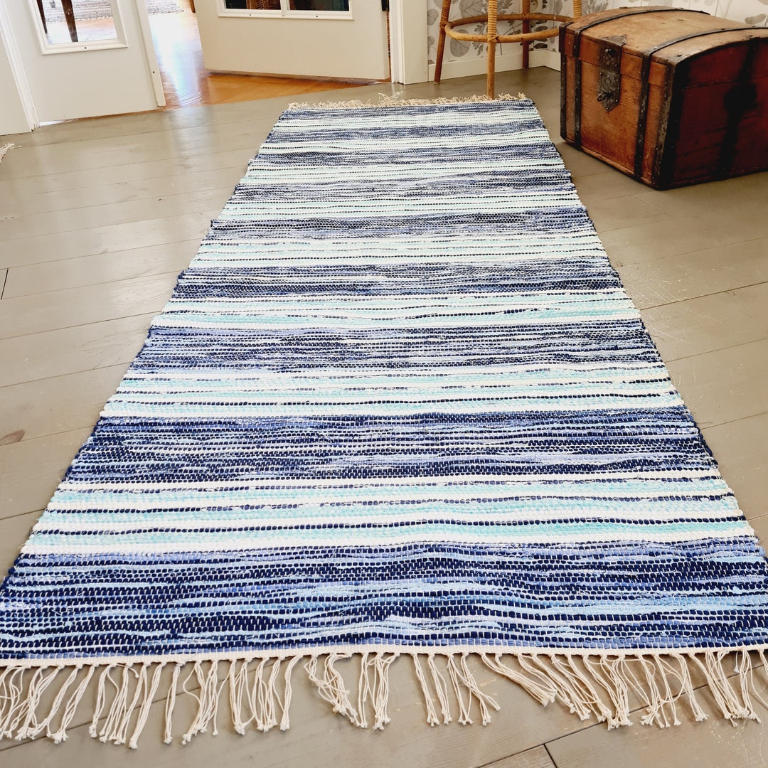 Kitchen Rag Rug Blue Vintage Swedish Handwoven Rag Rug: Blue Turquoise Cotton Carpet - Etsy