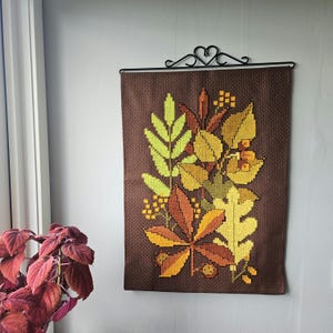Lovely big retro cross stitch autumn leaves embroidered wall hanging / wall decor in sturdy linen from Sweden