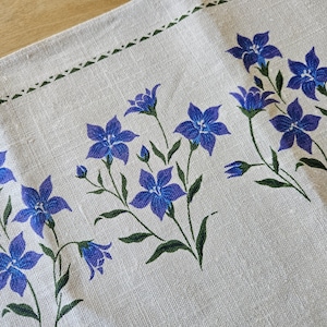 May include: A linen textile with a floral design. The off-white fabric features a repeating pattern of blue flowers with green stems and leaves. A green border with a dotted design runs along the top edge. The flowers are in full bloom.