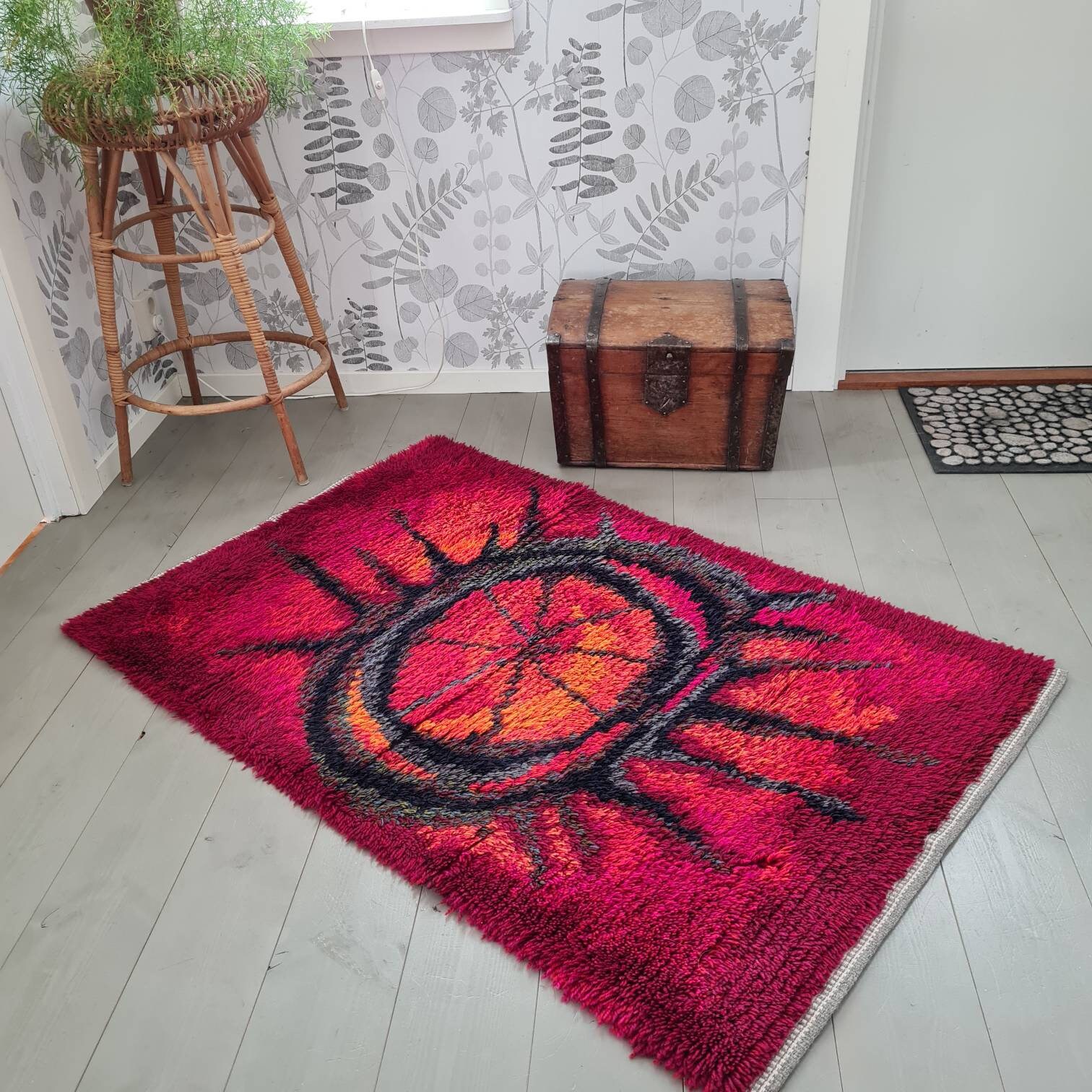 Lovely Rétro/Rouge Rose Orange 54 X 34 1/2 Moderne Midcentury Handknotted Laine Tapis Teppich
