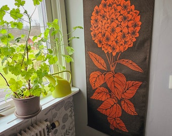 Amazing retro floral printed wall hanging from 1970  in jute cloth/sturdy linen burlap sign ULLAS from Sweden