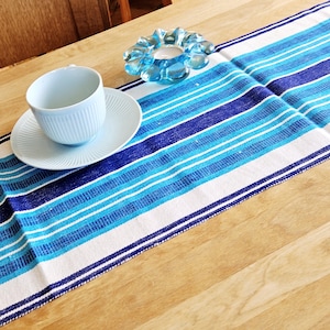Può includere: Un runner da tavola rettangolare con un motivo intrecciato a strisce orizzontali nei toni del blu scuro, turchese brillante e bianco. Sopra sono posizionati una tazza da tè con piattino in ceramica bianca a coste e un portacandele in vetro blu.